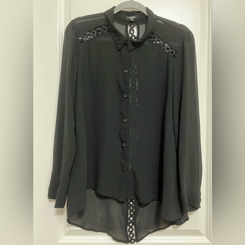 XOXO Black Sheer Button Front Blouse Hi Low Lace Cutout Detail Size XL